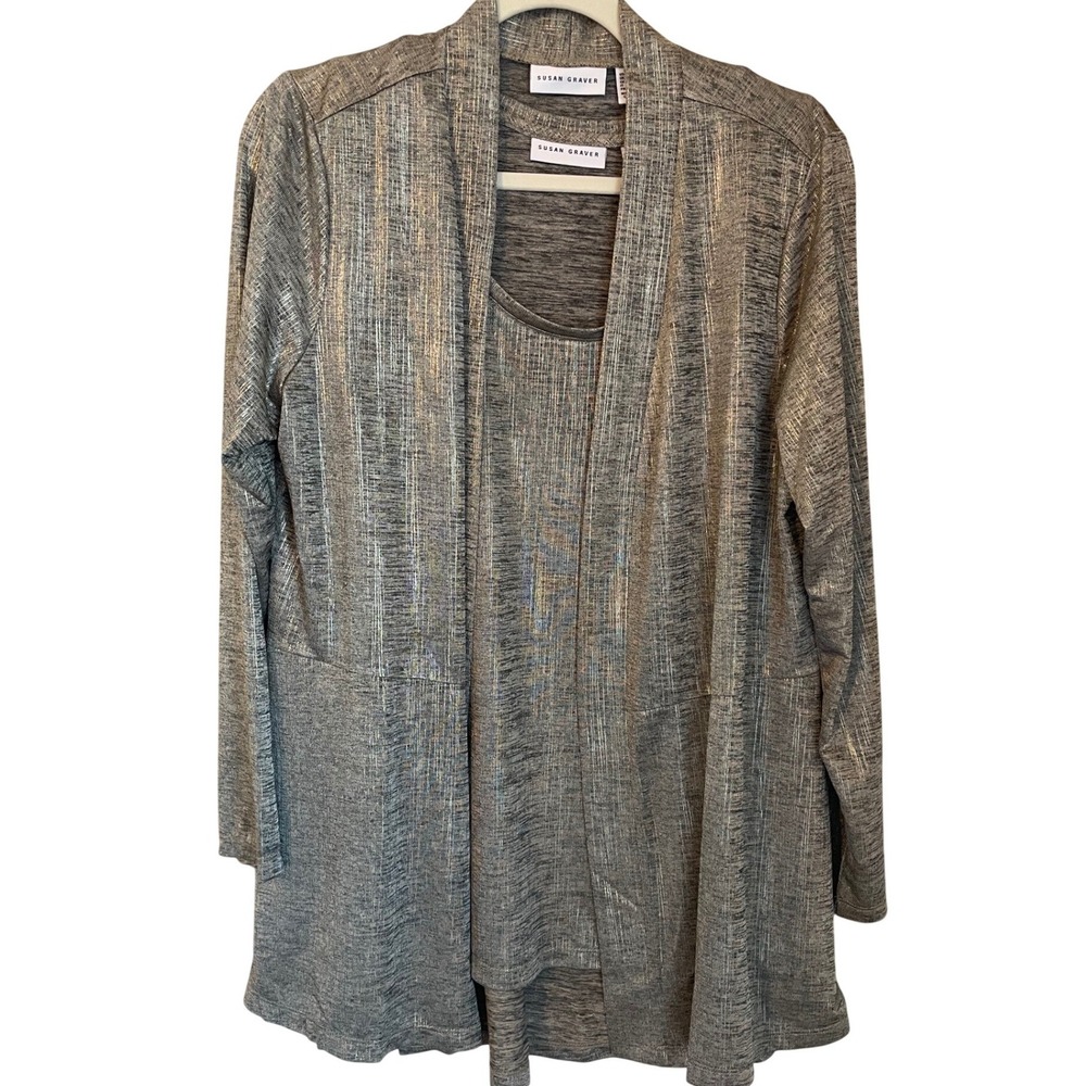 Susan Graver Size L Liquid Knit 2Pc Metallic Twin Set Gold Black Taupe Stretch